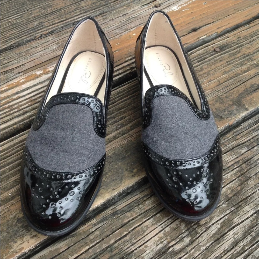 Studio Paolo Black Faux Patent Leather Gray Loafers 8 Slip On Flats Womens Shoes